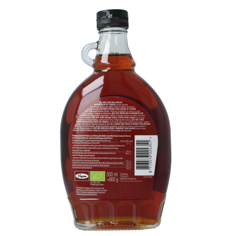 Glass bottle of TerraSana Ahornsiroop graad C organic syrup, 500ml, from the Sauzen en Smaakmakers collection.