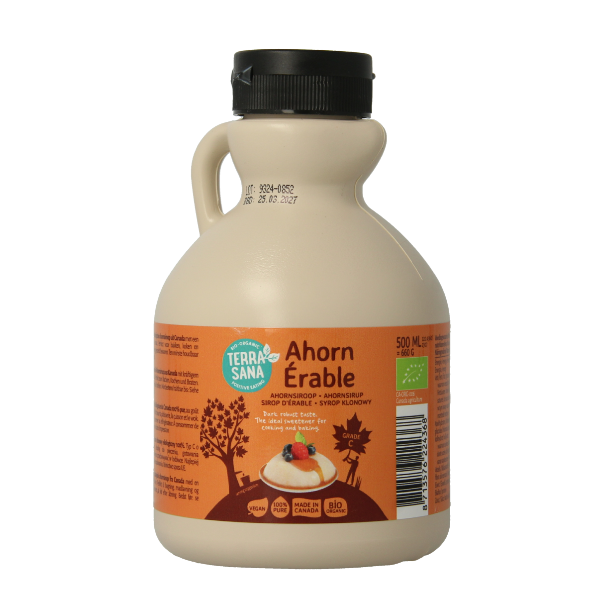 Organic TerraSana Ahornsiroop grade C in a 500ml jug, natural sweetener from pure maple syrup with a rich amber color.