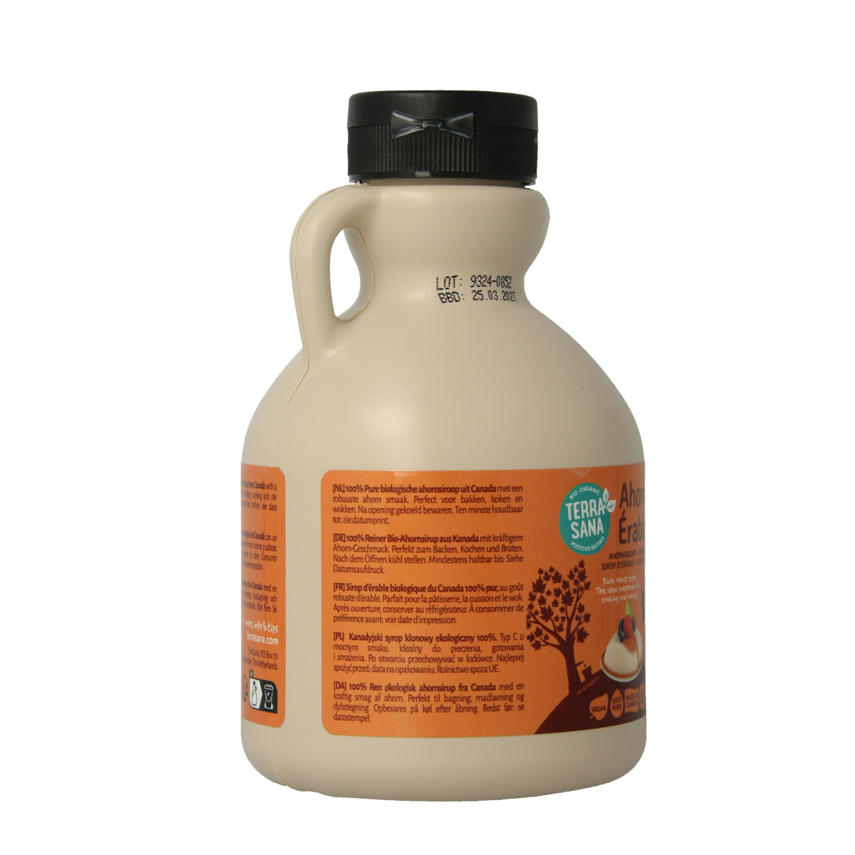 Organic TerraSana Ahornsiroop grade C in a 500ml jug, natural maple syrup for sweetening and cooking.