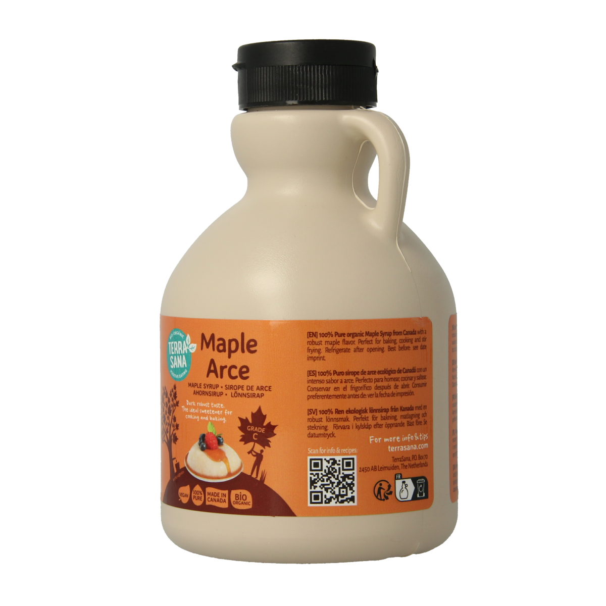 Organic TerraSana Ahornsiroop graad C in a 500ml jug, natural amber maple syrup from Suikers en Zoetstoffen category.