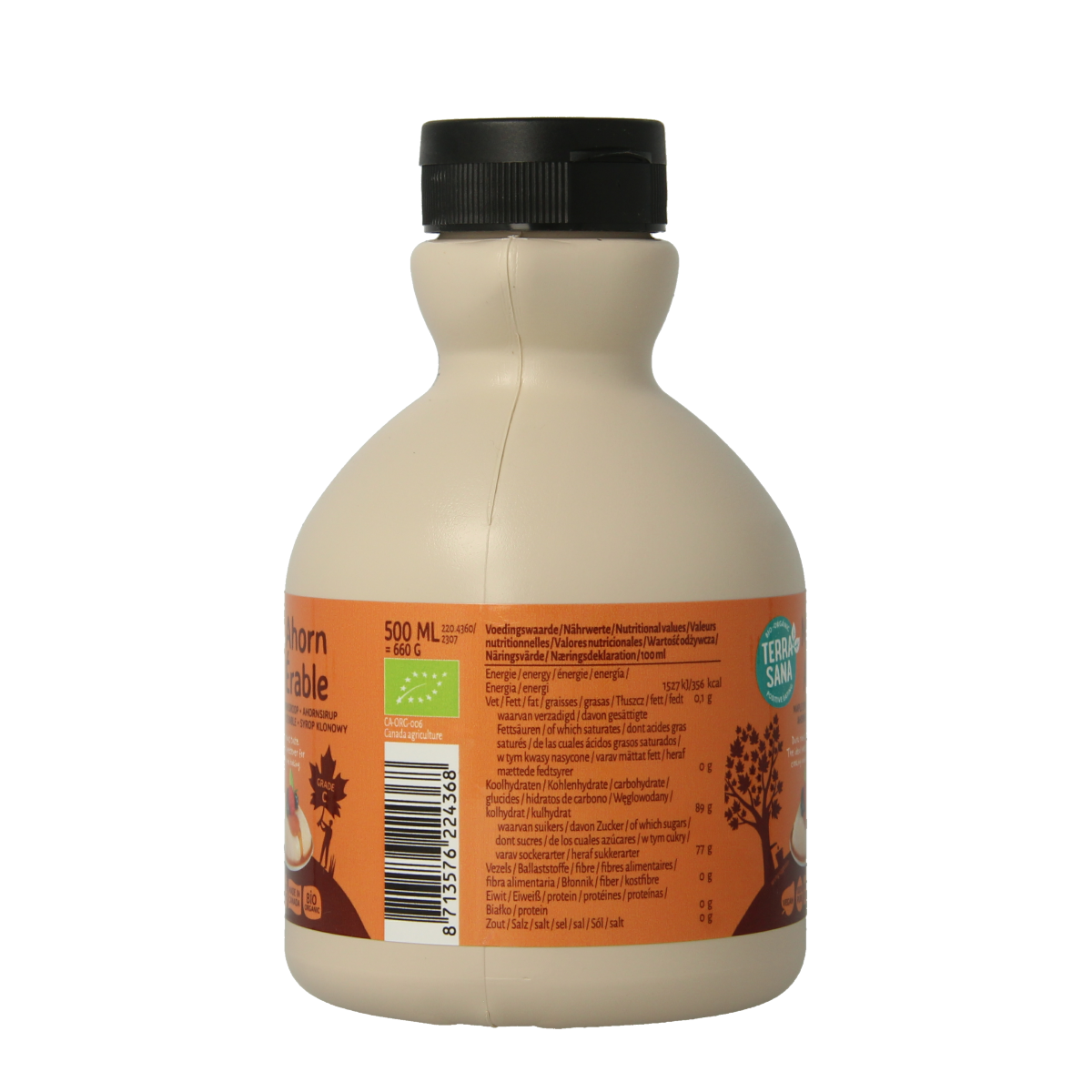 Organic TerraSana Ahornsiroop grade C in a 500ml glass jug, showcasing rich amber syrup for natural sweetening.