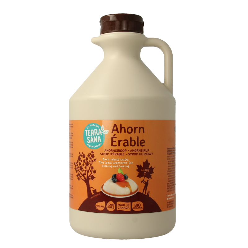 Organic TerraSana Ahornsiroop graad C in a 1-liter bottle, showcasing rich amber color and natural syrup texture.