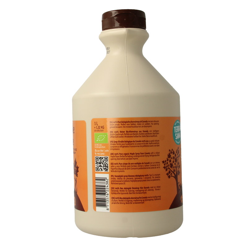 Organic TerraSana Ahornsiroop graad C in a 1-liter bottle, showcasing golden amber color and natural maple syrup texture.