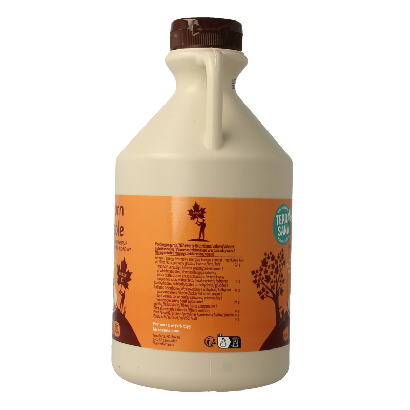 Organic TerraSana Ahornsiroop Graad C in a 1-liter bottle, rich amber syrup for sweetening and baking.