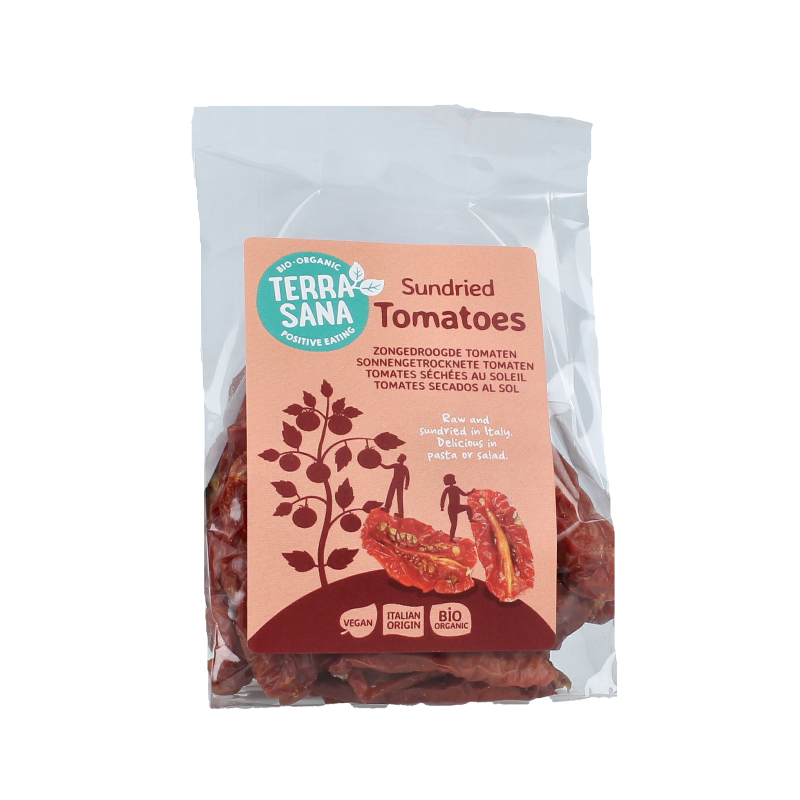 TerraSana raw organic sun-dried tomatoes in 100g package, superfood, close-up of dried tomato slices on a white background