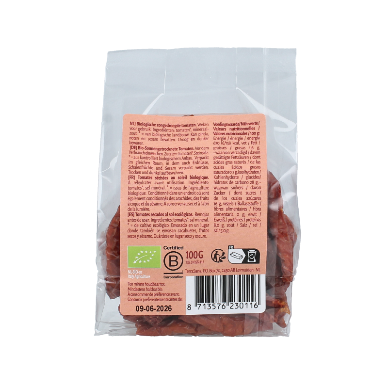 Organic TerraSana raw sun-dried tomatoes in a 100g package, showcasing vibrant red, chewy dried tomatoes for superfood recipes.