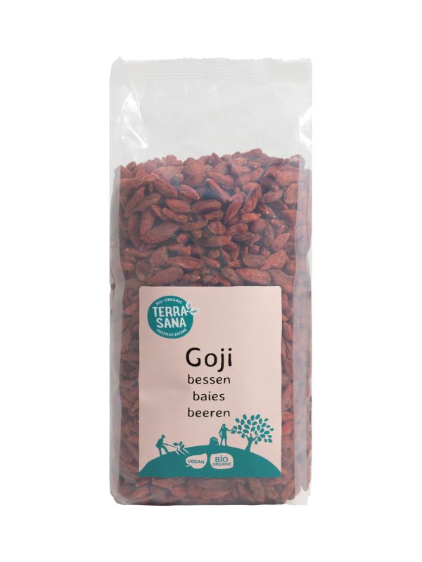Organic TerraSana Raw Goji Bessen in a 450g bag, showing vibrant dried goji berries for superfood nutrition.