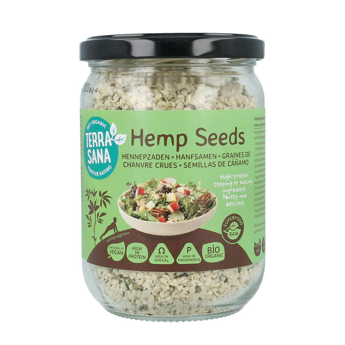 TerraSana RAW Hennepzaad gepeld in glas, biologische hennepzaad in transparant glasverpakking, 275 gram, raw superfood