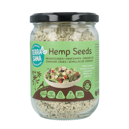 TerraSana RAW Hennepzaad gepeld in glas, biologische hennepzaad in transparant glasverpakking, 275 gram, raw superfood