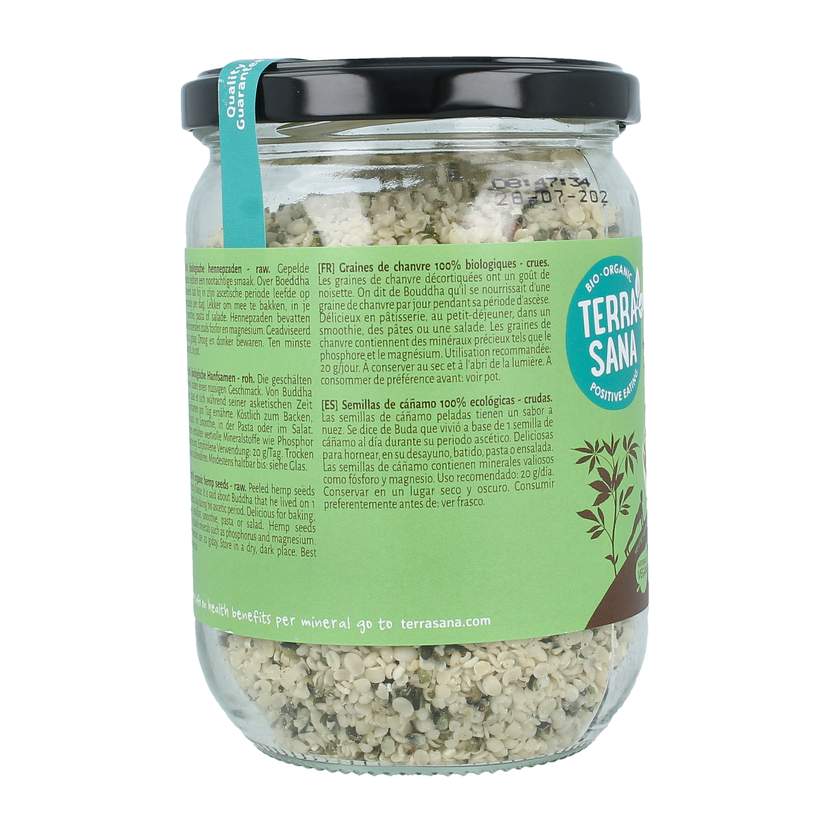 TerraSana RAW Hennepzaad gepeld in glas, bio superfood, 275g, close-up of the hemp seeds in a glass jar