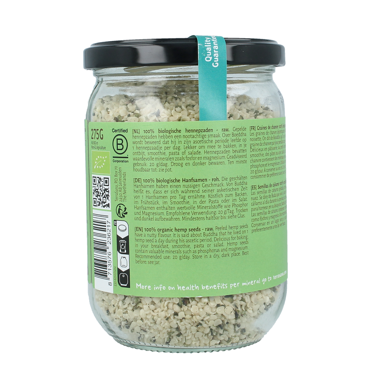 TerraSana RAW hemp seeds in glass jar, organic and shelled, 275 grams, raw superfood product with a clear label.