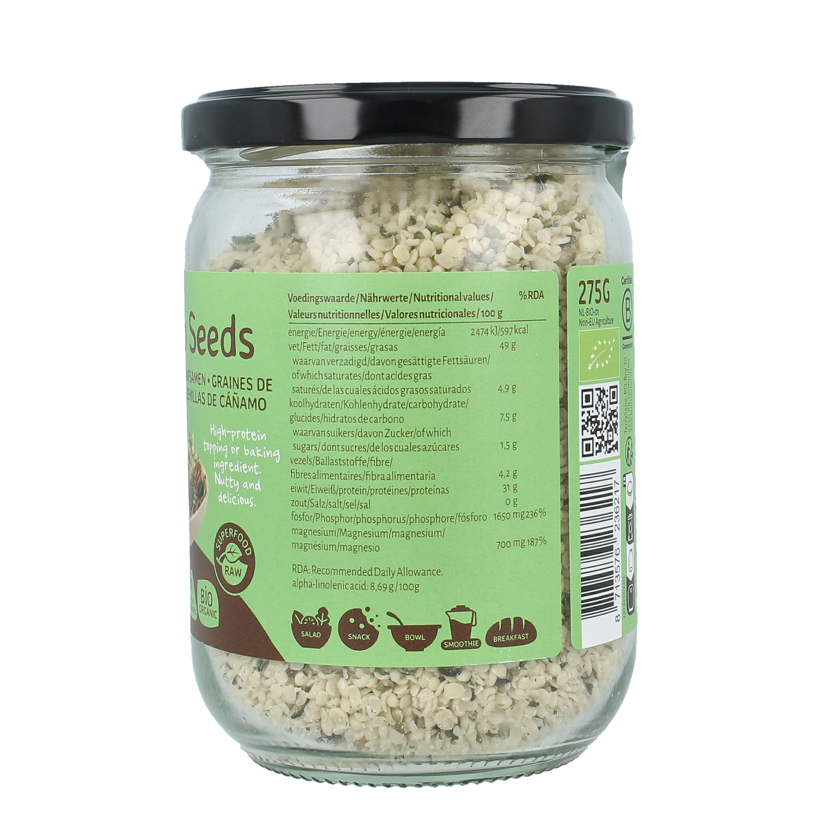 Organic TerraSana raw hulled hemp seeds in a glass jar, 275 grams, superfood product with hemp seed close-up.