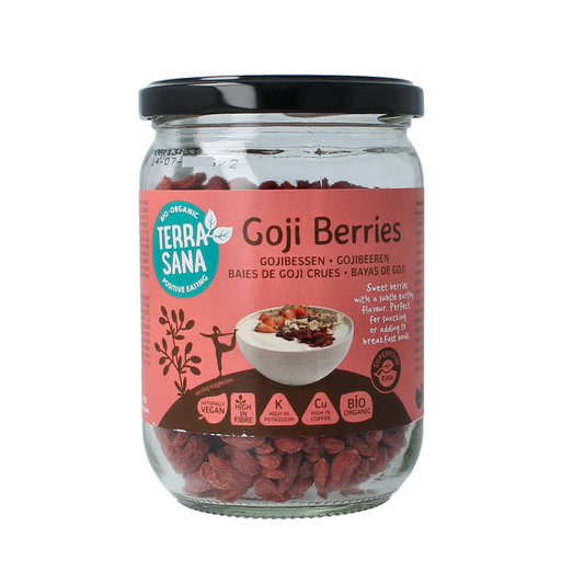 Raw TerraSana goji berries in a glass jar, organic superfood, 200 grams, bright red dried berries in a clear container.