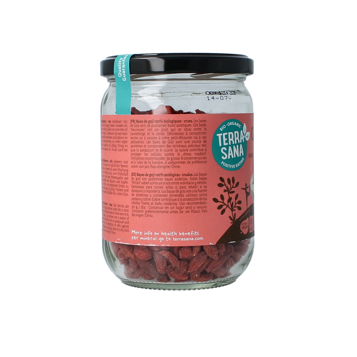 Raw TerraSana Goji Bessen in glass jar, bio superfood, 200g, with red dried goji berries visible inside the transparent container.