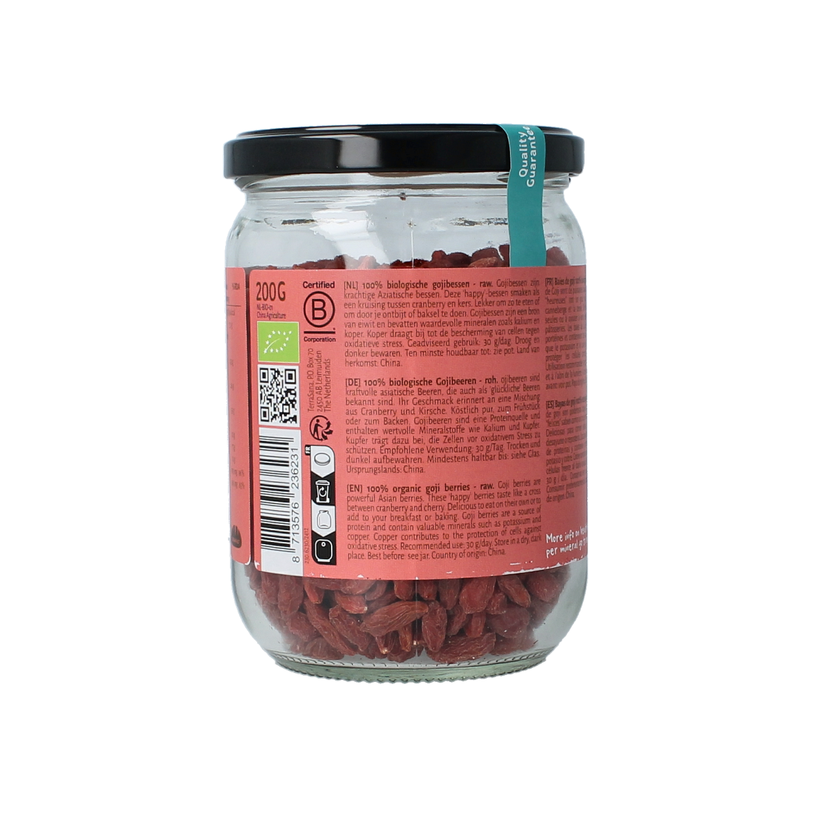 Glass jar of TerraSana Raw Goji Bessen, organic superfood, showing vibrant dried goji berries inside the 200g container