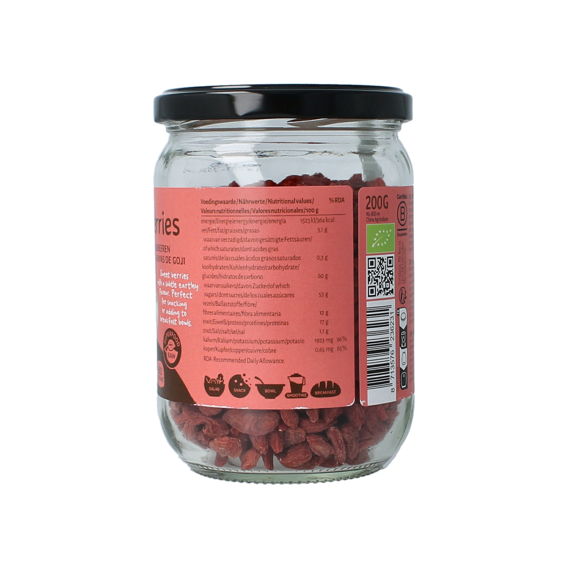 Organic TerraSana Raw Goji Bessen in glass jar, superfood with vibrant red dried goji berries, 200 grams, natural and healthy.