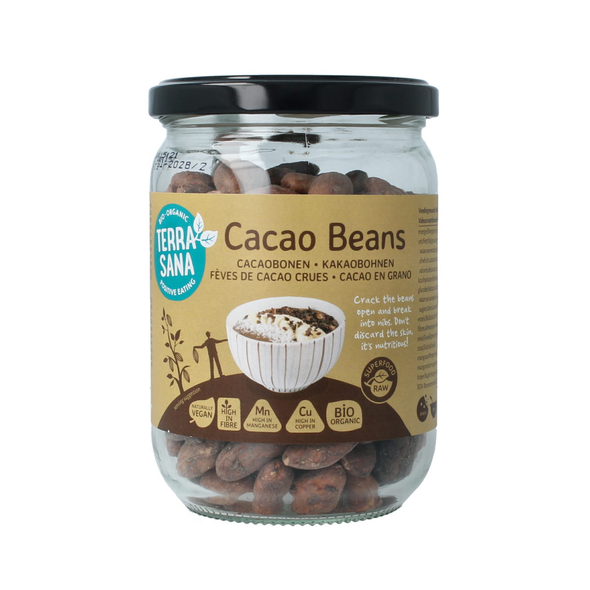 TerraSana raw cacao beans in glass jar, organic superfood, 250 grams, natural raw cacao for healthy recipes and snacks.