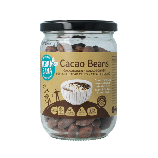 TerraSana raw cacao beans in glass jar, organic superfood, 250 grams, natural raw cacao for healthy recipes and snacks.