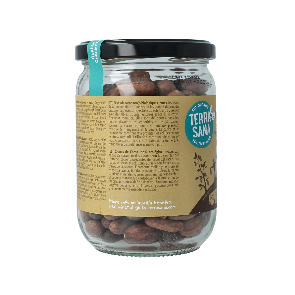 TerraSana raw cacao beans in glass jar, organic superfood, 250 grams, shown in clear view with label and glass container.