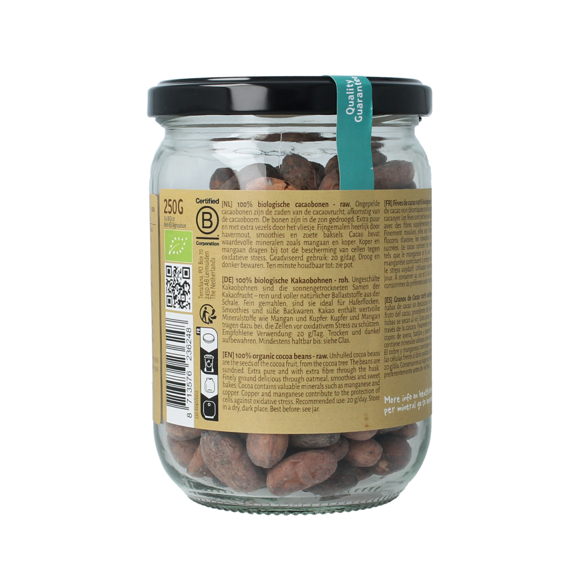 TerraSana raw cacao beans in glass jar, organic superfood, 250 grams, whole raw cacao for baking or snacking.