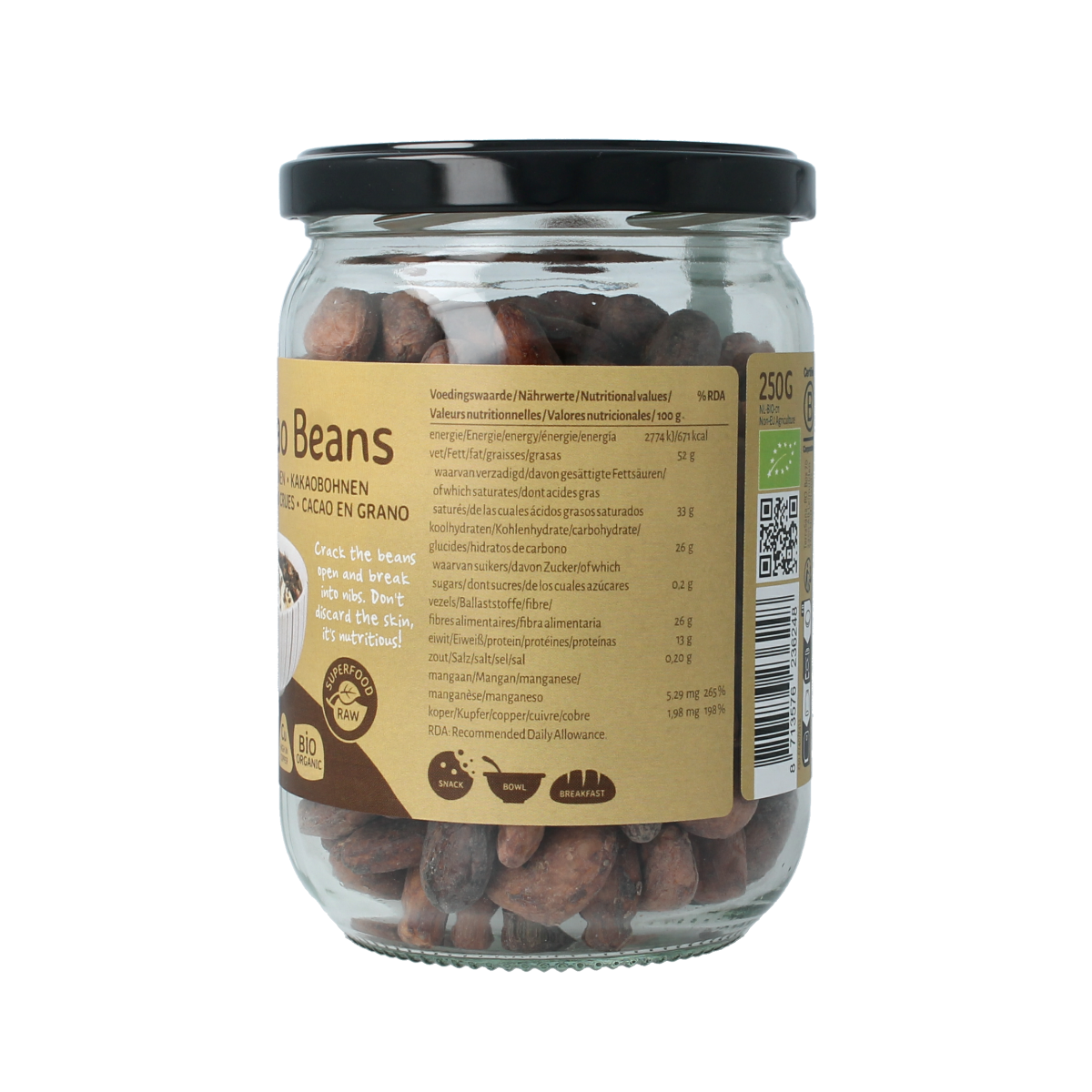Organic TerraSana raw cacao beans in glass jar, 250 grams, highlighting natural, unprocessed superfood cacao.