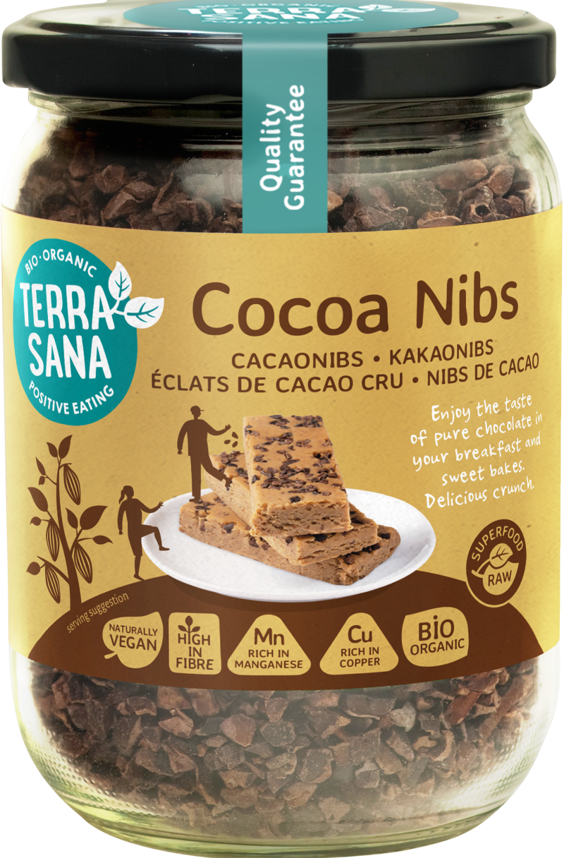 TerraSana Raw cacao nibs in glass jar, organic superfood, 230 grams, showing cacao nibs in clear glass container.