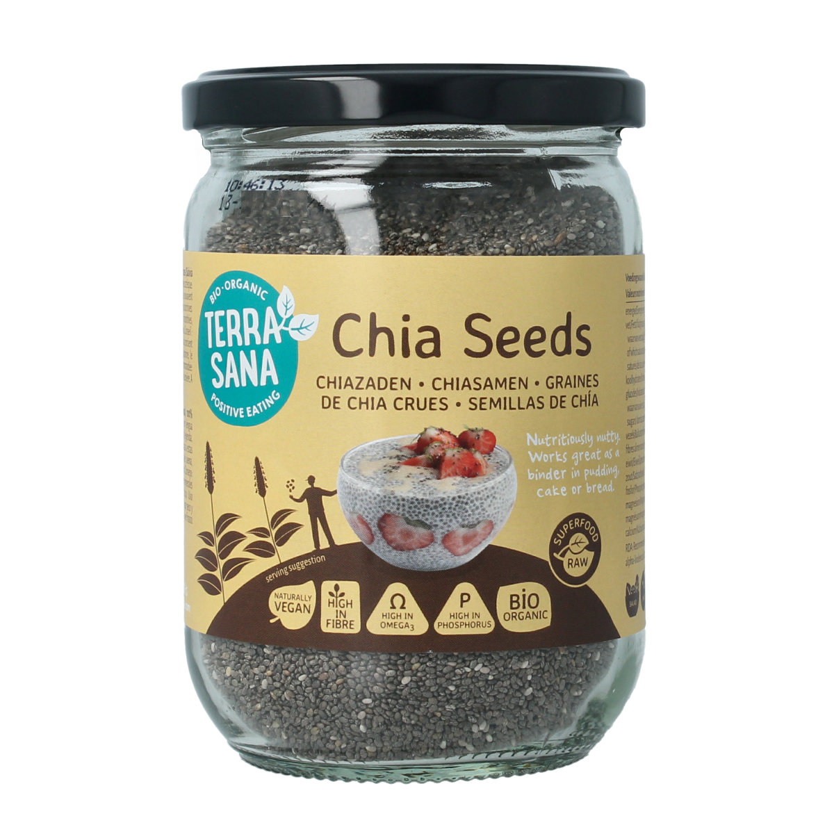 TerraSana raw chia seeds in a glass jar, organic superfood, 330 grams, showing the chia seeds inside the transparent container.