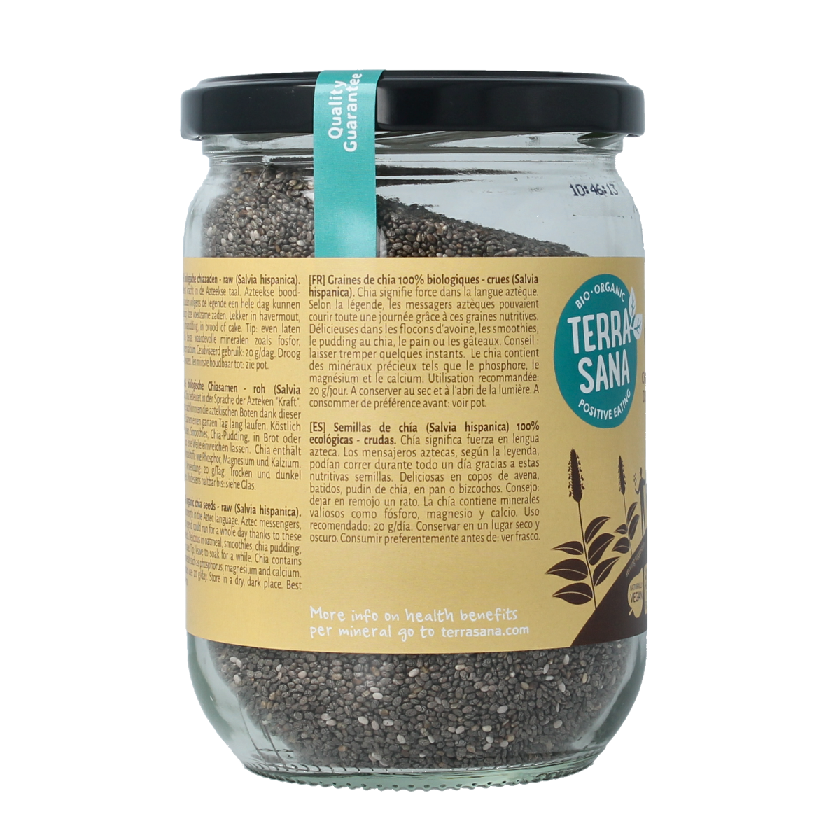 Glass jar of TerraSana Raw Chia Seeds, organic superfood, 330 grams, with chia seeds visible inside the clear container.