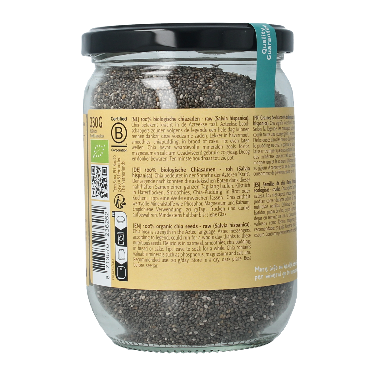 TerraSana raw chia seeds in a glass jar, organic superfood, 330 grams, shown in clear packaging on a white background.