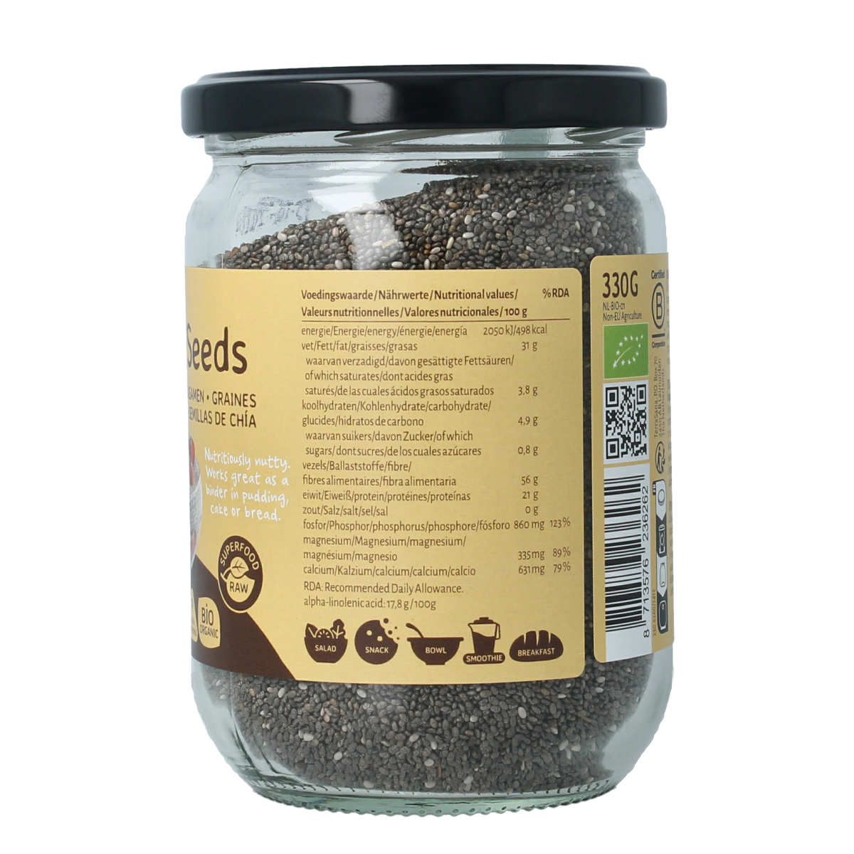 Glass jar of TerraSana organic raw chia seeds, 330g, in a clear container with a white lid, showcasing the superfood product.
