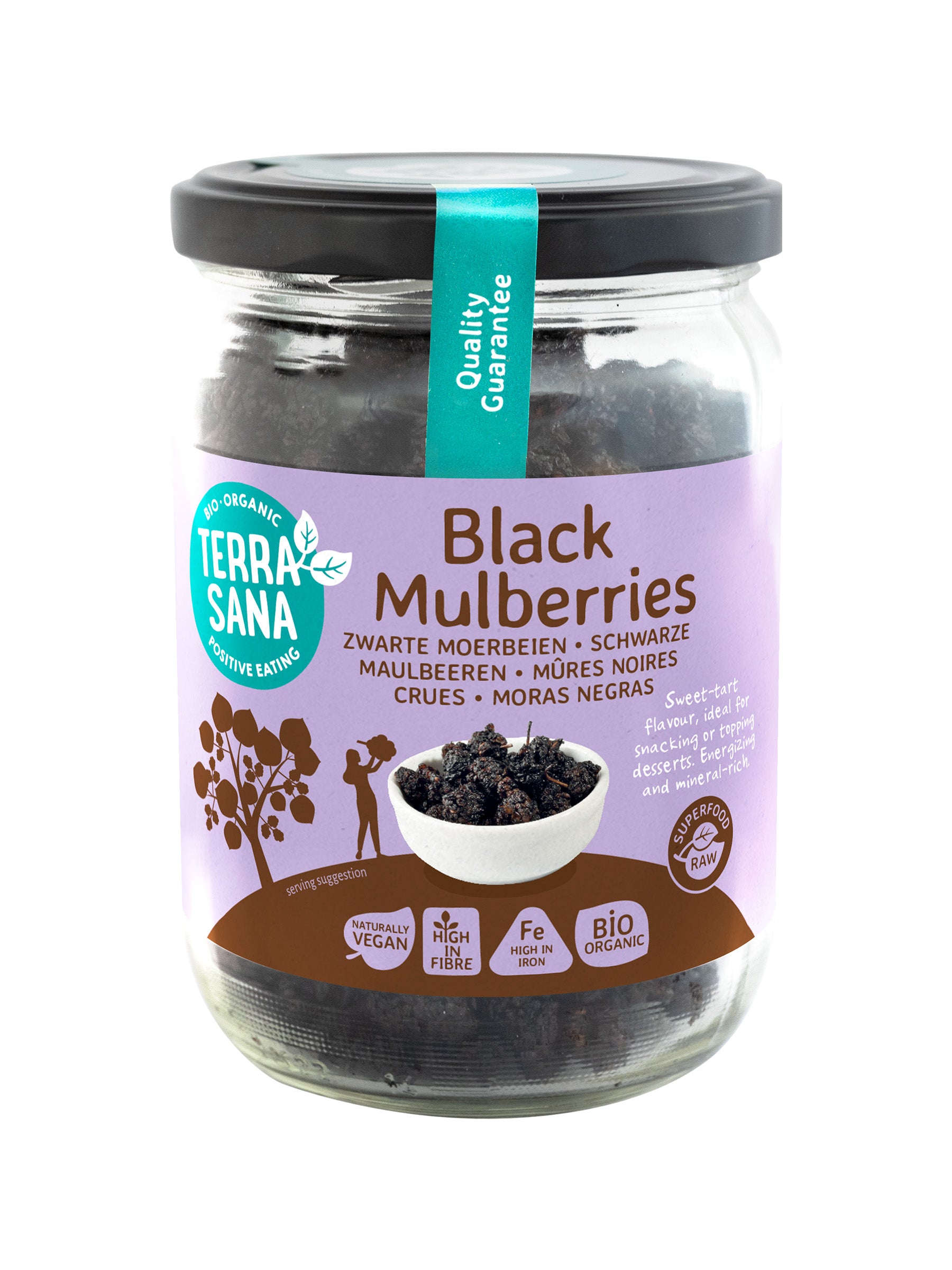 TerraSana organic black mulberries in a 190g package, raw superfood berries with vibrant black color.