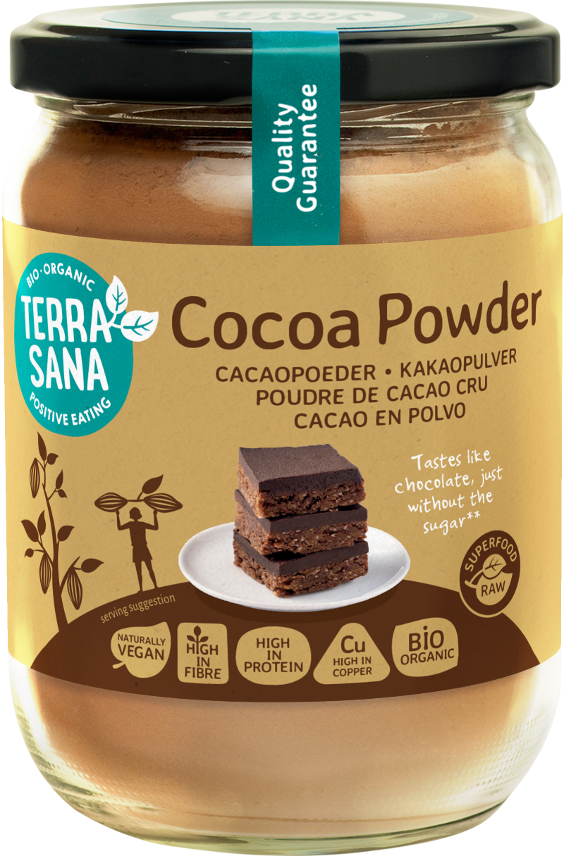TerraSana Raw Cacao Antioxidant Powder in glass jar, organic superfood, 160g, with dark cacao powder visible inside the jar.