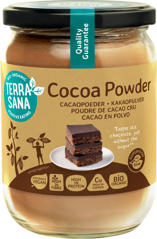 TerraSana Raw Cacao Antioxidant Powder in glass jar, organic superfood, 160g, with dark cacao powder visible inside the jar.