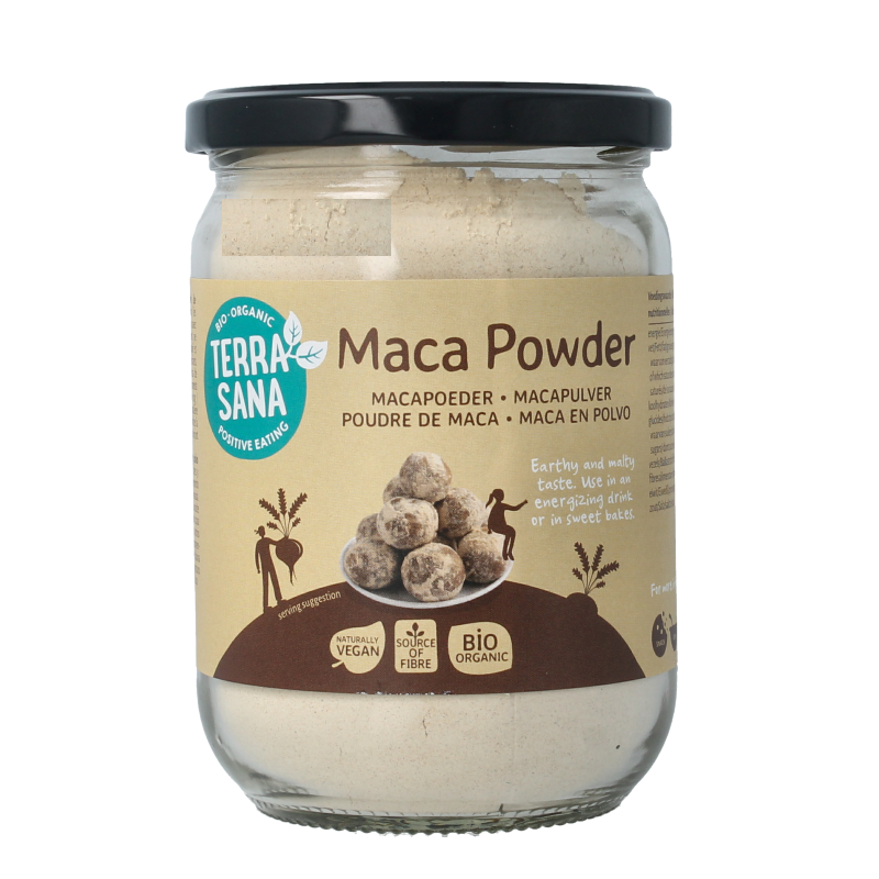 Glass jar of TerraSana Raw Maca powder in 300g bio packaging, showcasing the vibrant powder inside, a raw superfood for energy.