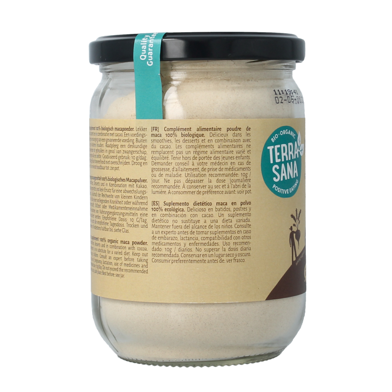 Glass jar of TerraSana Raw Maca high-energy powder in 300g, organic superfood supplement with vibrant maca root powder inside.