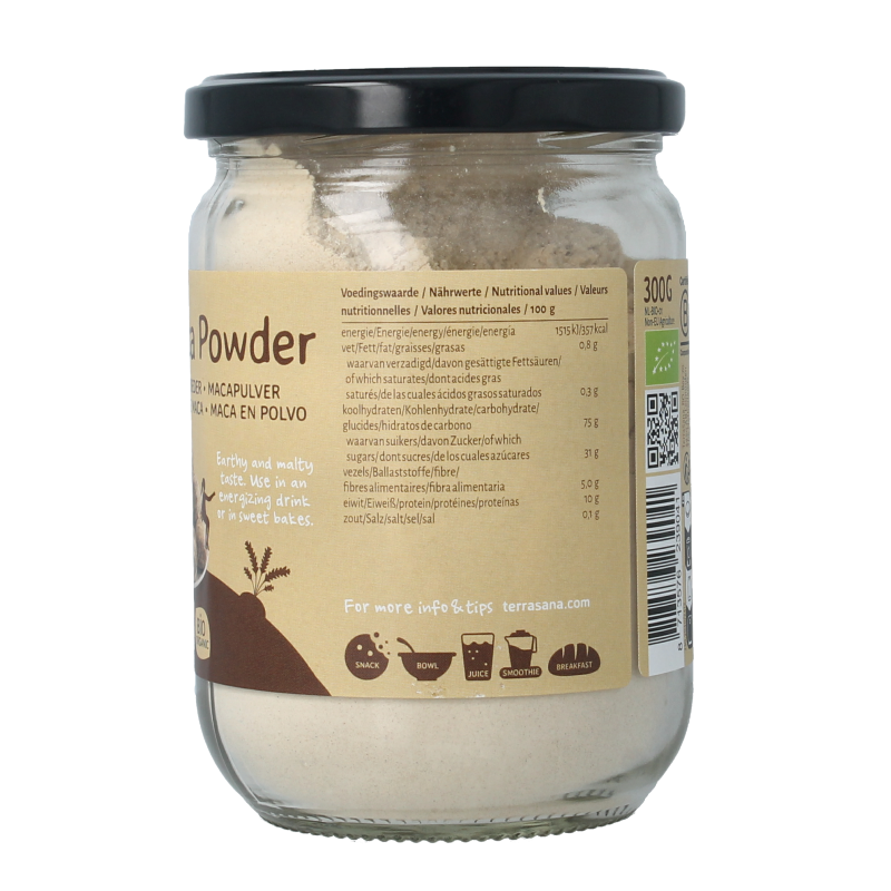 Glass jar of TerraSana Raw Maca high energy powder, organic superfood in 300g, showing the label and product inside.