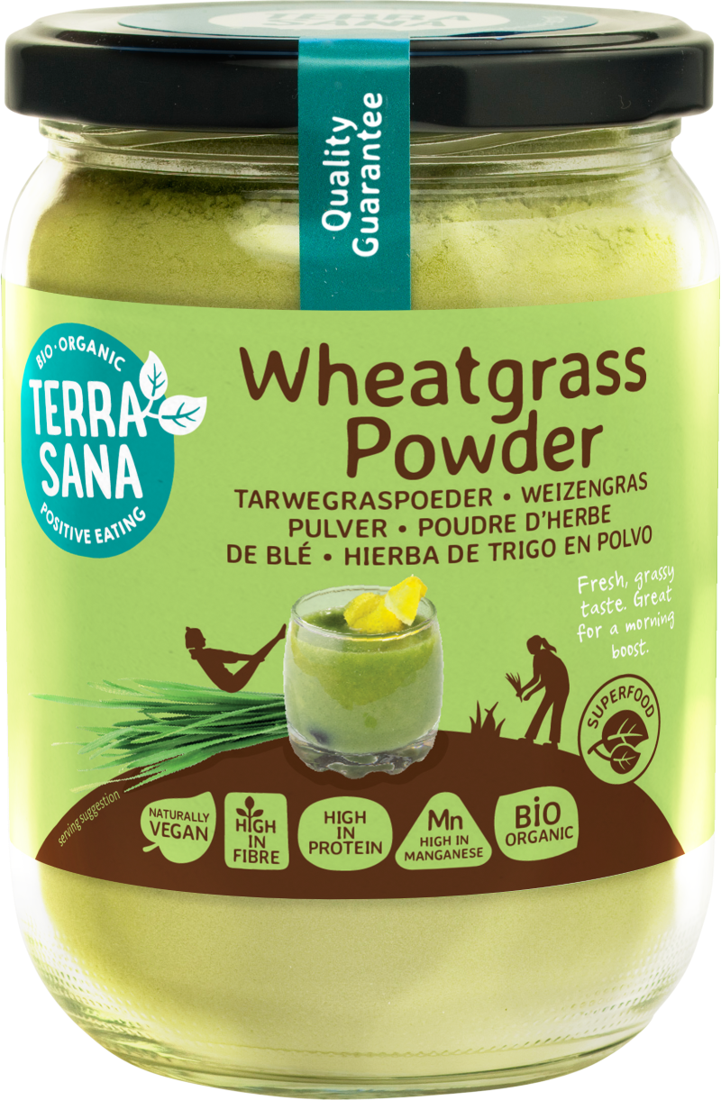 TerraSana Raw tarwegras poeder in glas, bio superfood, 130 gram jar with green wheatgrass powder inside.