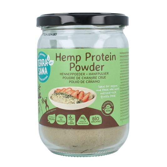 TerraSana Raw hennep protein powder in glass jar, bio, 200g, superfood with green hemp seeds visible inside the jar