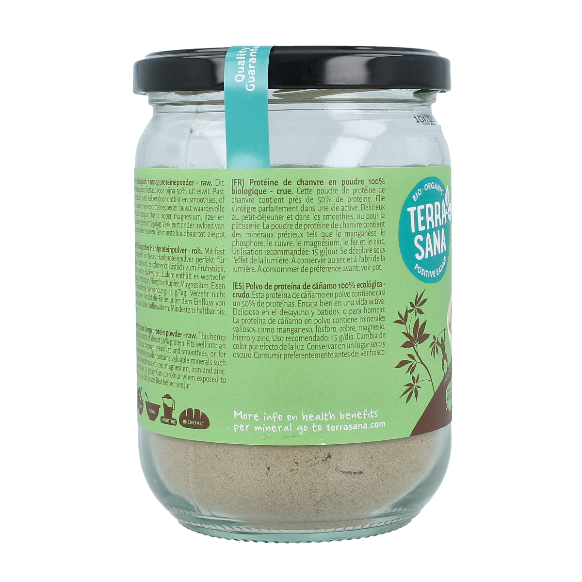 TerraSana Raw hennep protein powder in glass jar, organic superfood, 200g, with hemp seeds visible in the packaging