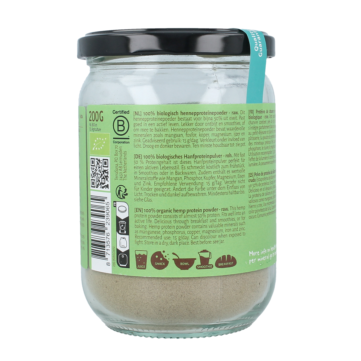 TerraSana Raw hennep protein powder in a glass jar, organic superfood, 200g, highlighting the label and product packaging.