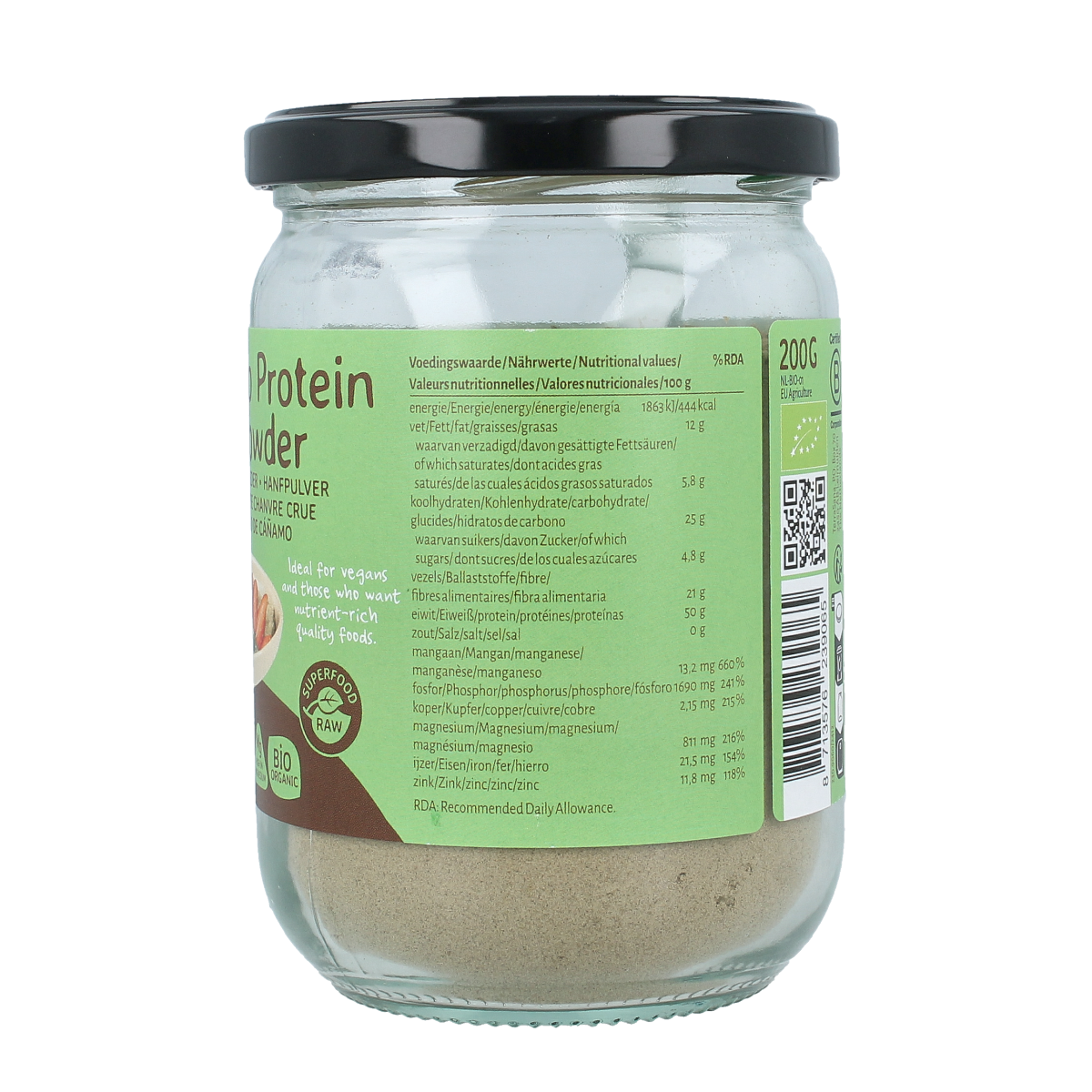 TerraSana Raw hennep protein powder in glass jar, organic superfood, 200g, with hemp seeds visible in the product image.