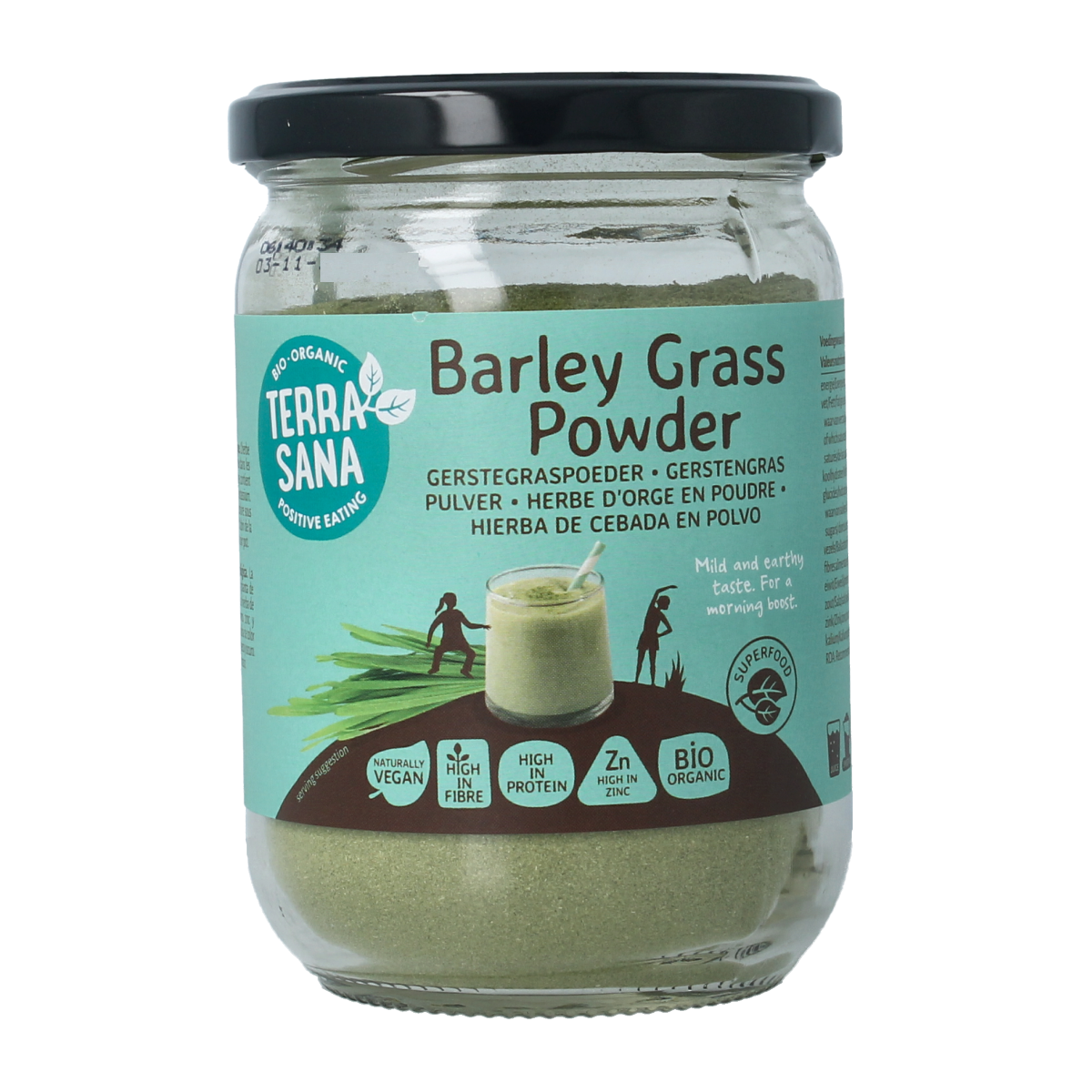 Glass jar of TerraSana Gerstegras powder, organic raw superfood, showing fresh green barley grass in a clear container.