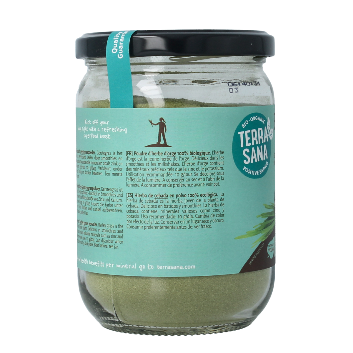 Glass jar of TerraSana Gerstegras powder, a raw superfood in a 130g container, showing green powdered barley grass inside.