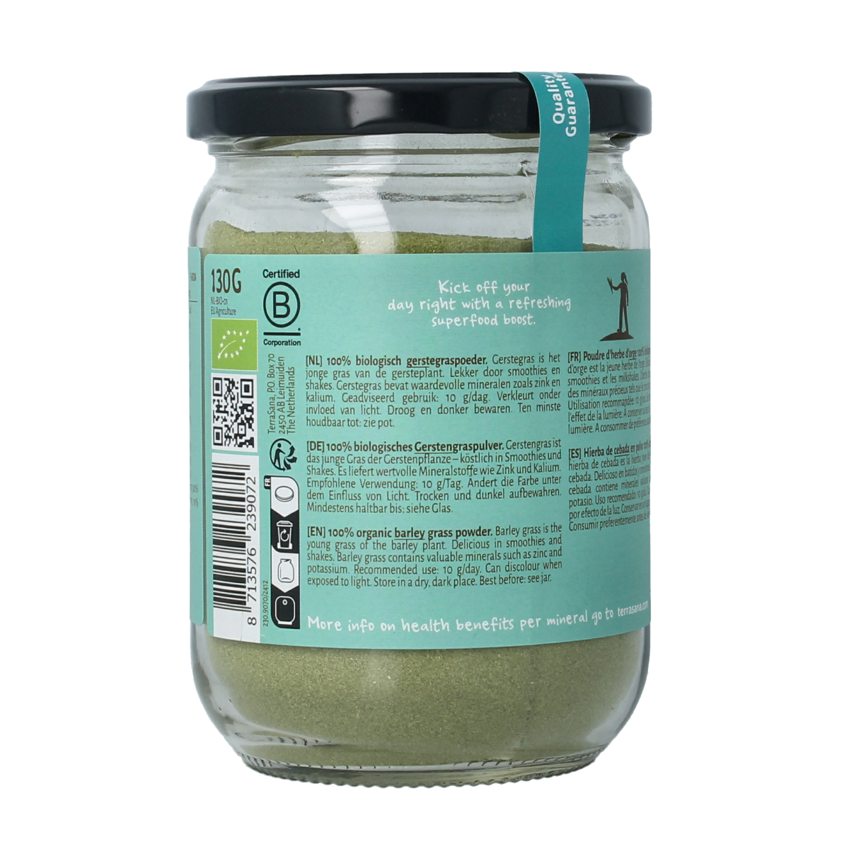 TerraSana Gerstegras poeder in glas, bio, 130g, raw superfood with vibrant green powder in a glass jar.