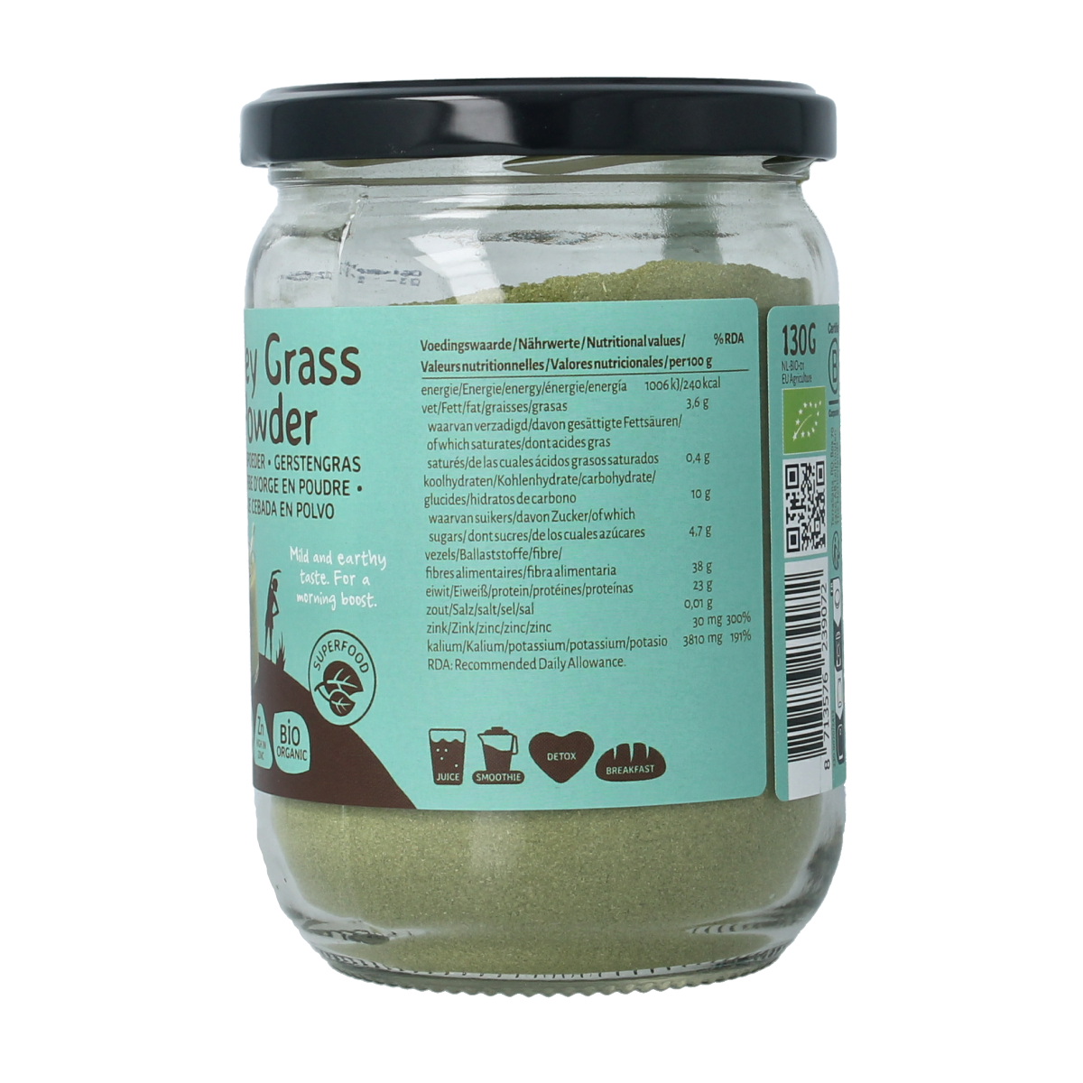 Glass jar of TerraSana Gerstegras powder in bio packaging, showcasing fresh, green barley grass superfood for healthy smoothies.