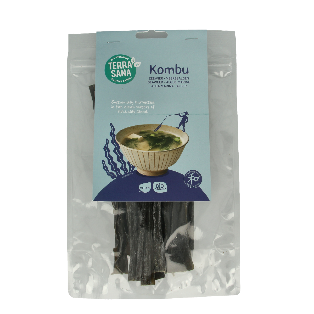 Organic TerraSana Kombu seaweed in a 50g package, shown with dried, dark green kelp strips on a clean background.