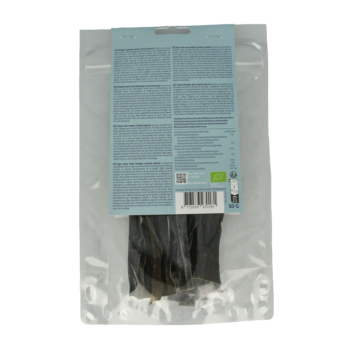 Organic TerraSana Kombu seaweed packaging, 50g, with dried kombu seaweed shown on the label.