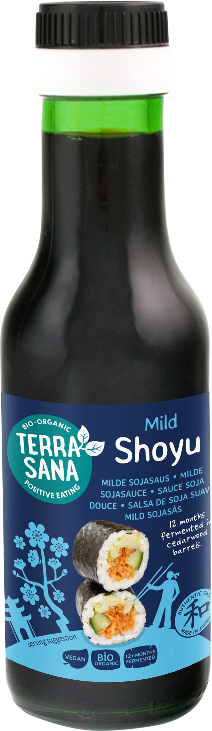 TerraSana bio Shoyu soy sauce bottle, 125ml, with label showing Japanese-inspired design, in a clear glass bottle