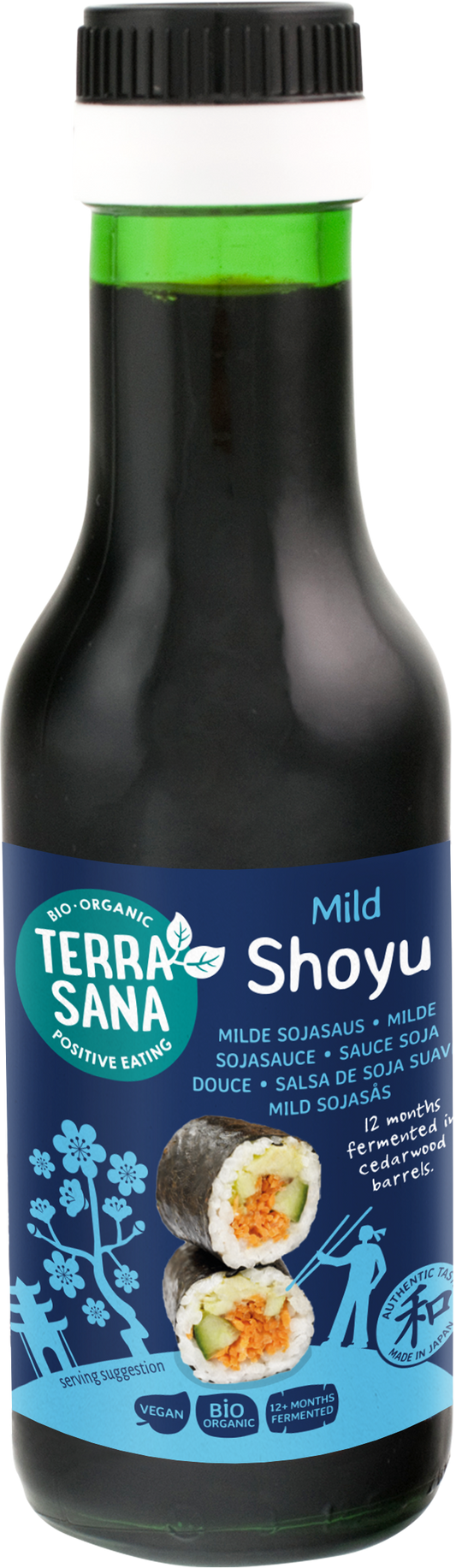 TerraSana bio Shoyu soy sauce bottle, 125ml, with label showing Japanese-inspired design, in a clear glass bottle