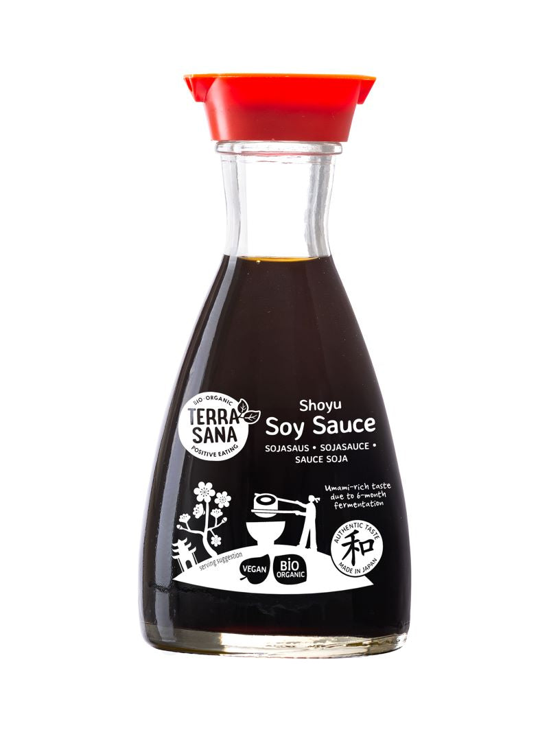 TerraSana Shoyu table dispenser bio, 150ml, a glass bottle with soy sauce, perfect for sauces and flavoring.